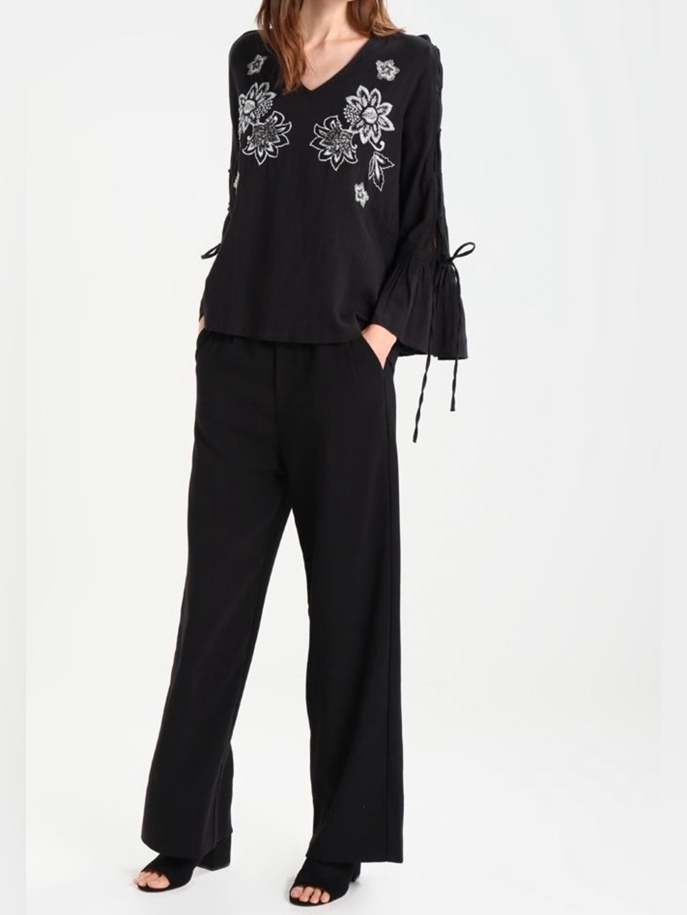 River Island Lace Up Bell Sleeve Black Tunic Cotton Blouse Women Plus US 16 NWT